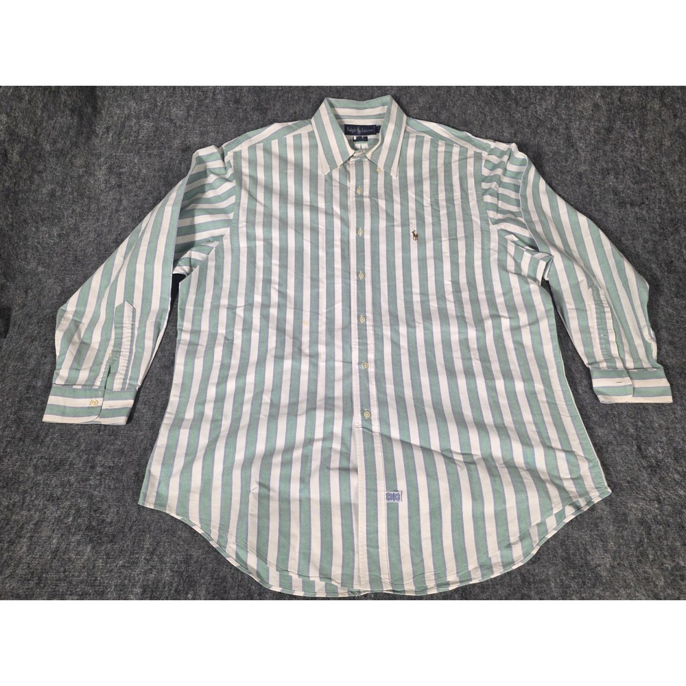 Ralph Lauren Shirt Yarmouth 17-34 Green Striped Oxford Long Sleeve Mens Cotton